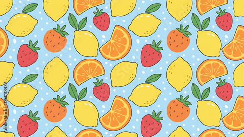 Vibrant fruit pattern with lemons, oranges, and strawberries