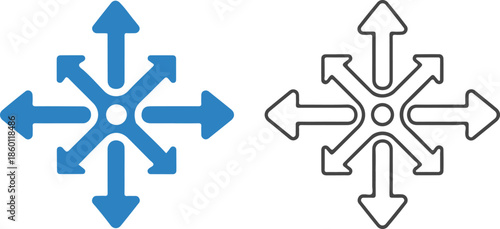 A minimalist vector graphic featuring two multi-directional arrow symbols, one in solid blue and one in a black outline. The eight arrows radiate from a central point, symbolizing expansion.