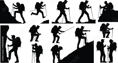 Hiking Silhouette Set with Backpackers Climbing Mountains Trekking Adventurers and Outdoor Travelers Engaged in Active Nature Exploration and Wilderness Mountaineering Activities