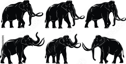 Black woolly mammoth silhouettes set with various extinct prehistoric ice age elephants in walking and trumpeting poses isolated on white