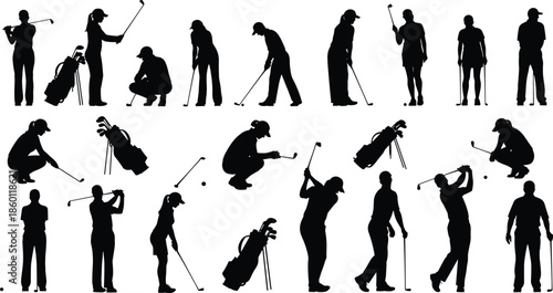 Golf player silhouettes collection showing diverse poses, swings and putting actions with equipment, professional sports activity isolated black vector illustration set
