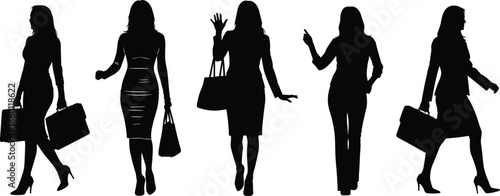 Business Women Silhouettes Set with Professional Ladies Walking Carrying Bags Greeting and Gesturing Corporate Office Workers Group Vector Graphic Illustration (20 words)