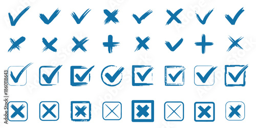 Check Tick Mark Icon Set vector illustration showing cross box, X mark, checkbox, V list, hand drawn sketch, doodle, brush marker, checklist symbols, wrong and right circles.