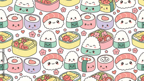 Adorable sushi characters in pastel colors for food design