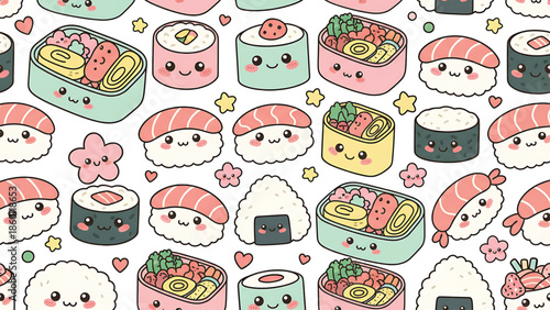 Cute sushi characters in colorful kawaii pattern on white