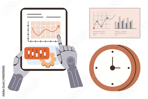Robot hands interacting with a tablet displaying analytics, charts, and gears. Wall chart and clock emphasize efficiency, automation, and organization. Ideal for AI, business, productivity