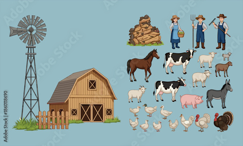 Large set of farm flat vector illustrations including windmill barn wooden fence farmers and various domestic animals like cows horses sheep.