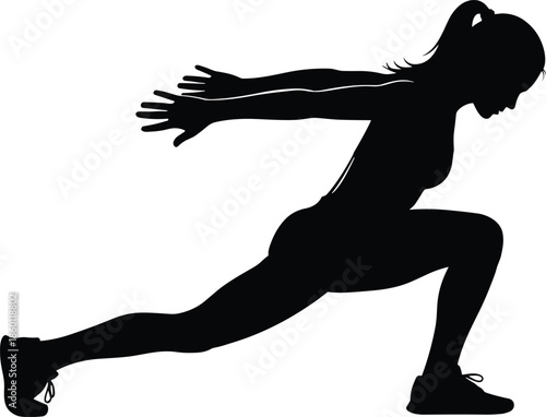 Female fitness silhouette performing forward lunge stretch exercise, athletic training balance strength and flexibility isolated black vector illustration