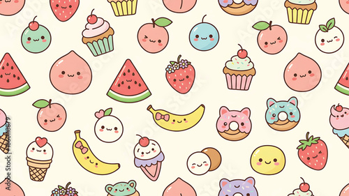 Cute cartoon fruit and dessert pattern with smiling faces