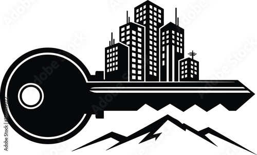 City Skyline on Door Key Silhouette with Mountain Range for Real Estate Property Investment Commercial Building and Urban Housing Design