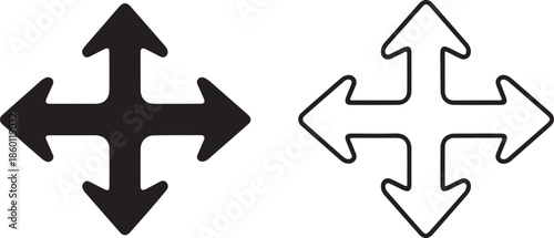 A set of two four-way arrow icons in minimalist black-and-white styles. Includes a bold solid silhouette and a clean outline version, ideal for indicating direction, movement, or navigation.