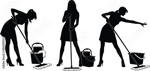 Cleaning Women Silhouettes Set with Professional Maid Service Figures Mopping Sweeping and Dusting Housekeeping Staff Isolated on White Background Vector (20 words)