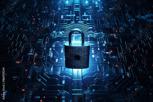 Metal padlock securing sensitive information on glowing blue circuit board, representing cybersecurity and data protection