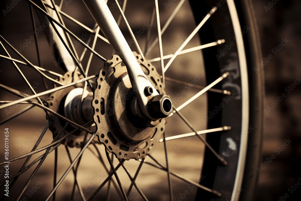 Fototapeta premium Detailed view of bicycle rear wheel hub, spokes, and tire, showcasing the intricate mechanics of the bike