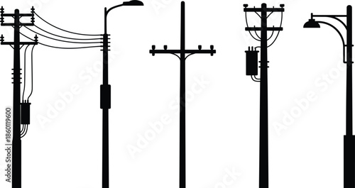 Set Of Five Black Silhouette Icons Of Power Poles With Wires electricity transmission