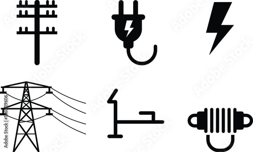 Set of Black Icons Representing Electricity and Power Transmission Keywords: electricity, power, icon, symbol, lightning bolt