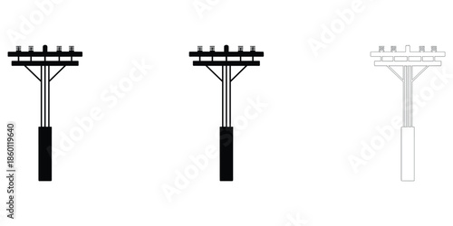Set Of Three Power Line Pole Icons In Black And White Outline electricity transmission