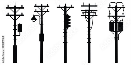 Silhouette illustrations of various electricity utility poles Keywords: electricity, power, energy, utility pole, electricity