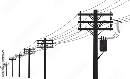 Silhouette of a row of electricity poles with power lines and transformer wire