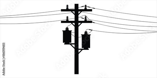 Silhouette of a utility pole with transformers and power lines on a white background electricity electrical equipment