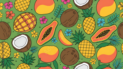 Vibrant tropical fruit pattern with pineapples, coconuts, and exotic flowers
