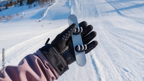 Close up of black gloved hand holding miniature snowboard with bindings on snowy slope, groomed ski tracks and trees behind, symbolizing winter sport, hobby and ride preparation