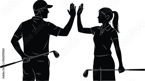 Male and female golf players silhouette giving high five after successful shot, teamwork sportsmanship concept isolated black vector illustration