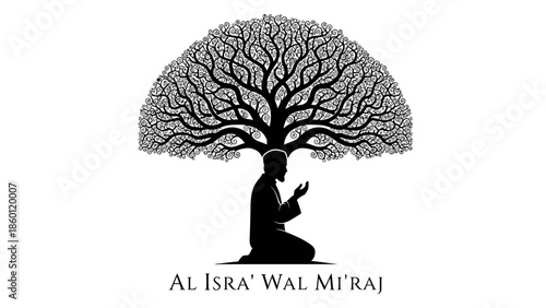 Silhouette of a Praying Man Under a Tree for Al Isra Wal Miraj.