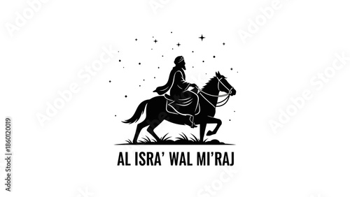 Silhouette of a person riding a horse with stars and text below.