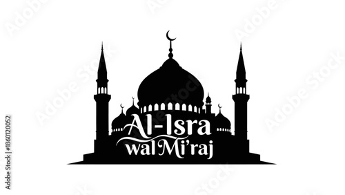 Al Isra wal Miraj Islamic Mosque Silhouette with Crescent Moon.