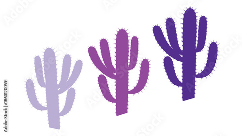 Purple cactus illustration set in modern flat style featuring desert plants silhouettes, minimalist botanical vector artwork isolated on white background