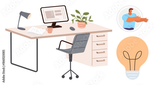 Workspace with desk, chair, computer, lamp, plant, mug, and papers. Includes figure gesturing and glowing lightbulb symbol. Ideal for productivity innovation teamwork creativity remote work