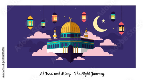 Islamic vector illustration of the Dome of the Rock for Isra and Miraj.