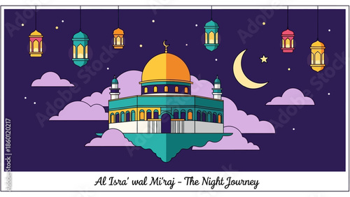 Islamic illustration of the Dome of the Rock for Isra and Miraj.