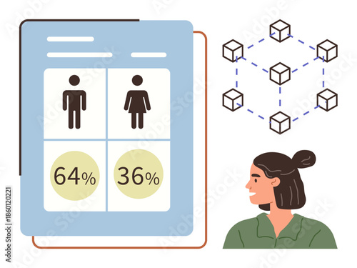Gender distribution chart, blockchain network diagram, and a thoughtful woman reflecting. Ideal for data analysis, blockchain, gender statistics, diversity, technology, visualization simple flat