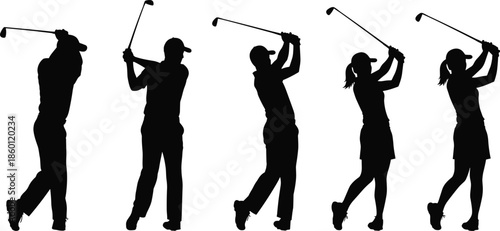 Golf swing silhouettes of male and female players showing powerful strokes and follow through poses, sports action black vector illustration set