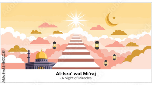 Islamic Night Journey Illustration Depicting Ascension and Mosque.
