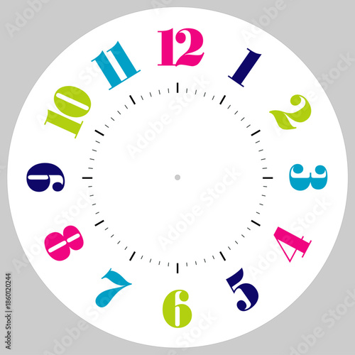 Vector wall clock face with multicolored numbers.