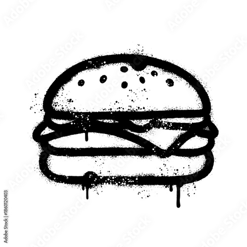 Urban graffiti style burger icon spray painted on white background with drips
