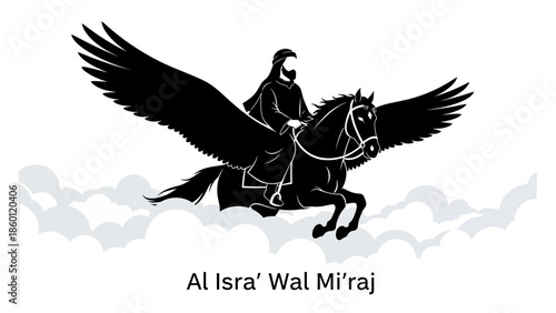 Mystical winged horse soaring through the heavens with a rider.