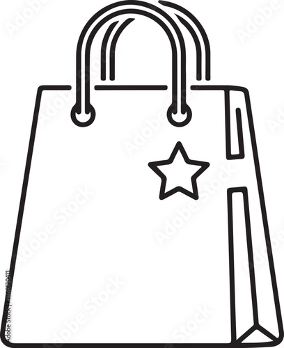 A black and white line art vector of a shopping bag with handles and a decorative star. This minimalist icon represents retail, gift-giving, or holiday shopping in a clean, professional style.