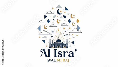 Al Isra Wal Miraj Islamic religious event with mosque and crescent moon.