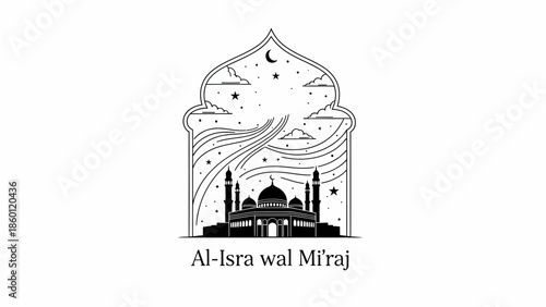 Al Isra wal Miraj Islamic event illustration with mosque silhouette.