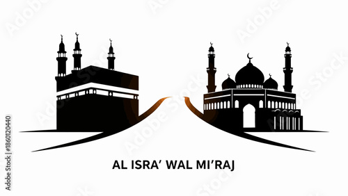 Al Isra Wal Miraj Silhouette Illustration of Kaaba and Mosque.