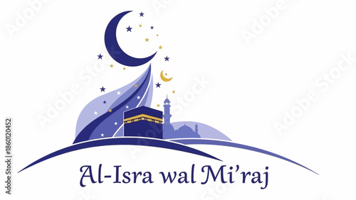 Islamic Kaaba and Crescent Moon illustration for Al Isra wal Miraj celebration.