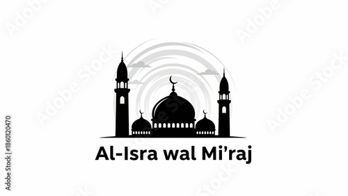 Al-Isra wal Miraj Islamic event celebration with mosque silhouette.