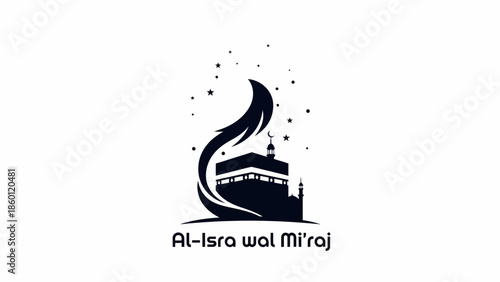 Al-Isra wal Miraj Kaaba Mosque with Crescent Moon and Stars.