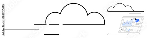 Cloud computing, data storage, analytics, business growth, technology infrastructure, remote access. Illustration of clouds linked to a laptop displaying analytical graphs. Cloud computing and data