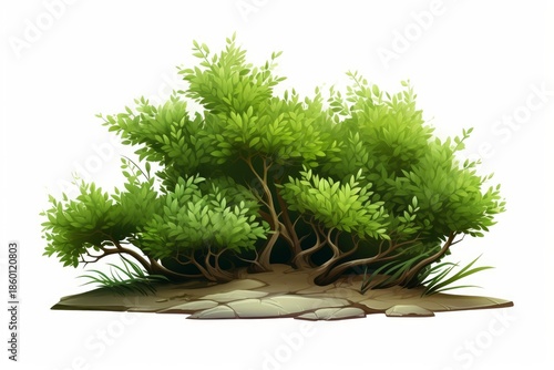 Green bush with vibrant leaves growing on rocky ground, isolated on a white background