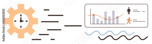 Gear with clock, dynamic lines, data chart in dashboard, human icons, waves. Ideal for business, productivity, efficiency analytics time management teamwork workflow. Simple flat metaphor